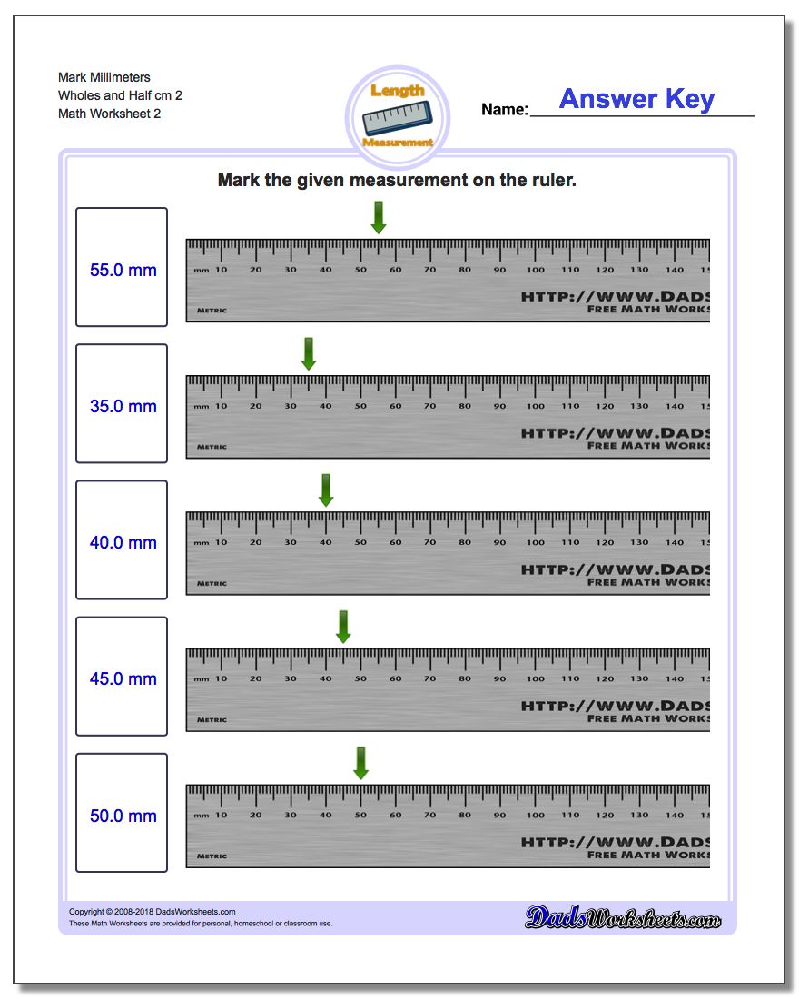Mark Millimeters Wholes and Half cm 2 www.dadsworksheets.com/worksheets/metric-measurement.html Worksheet