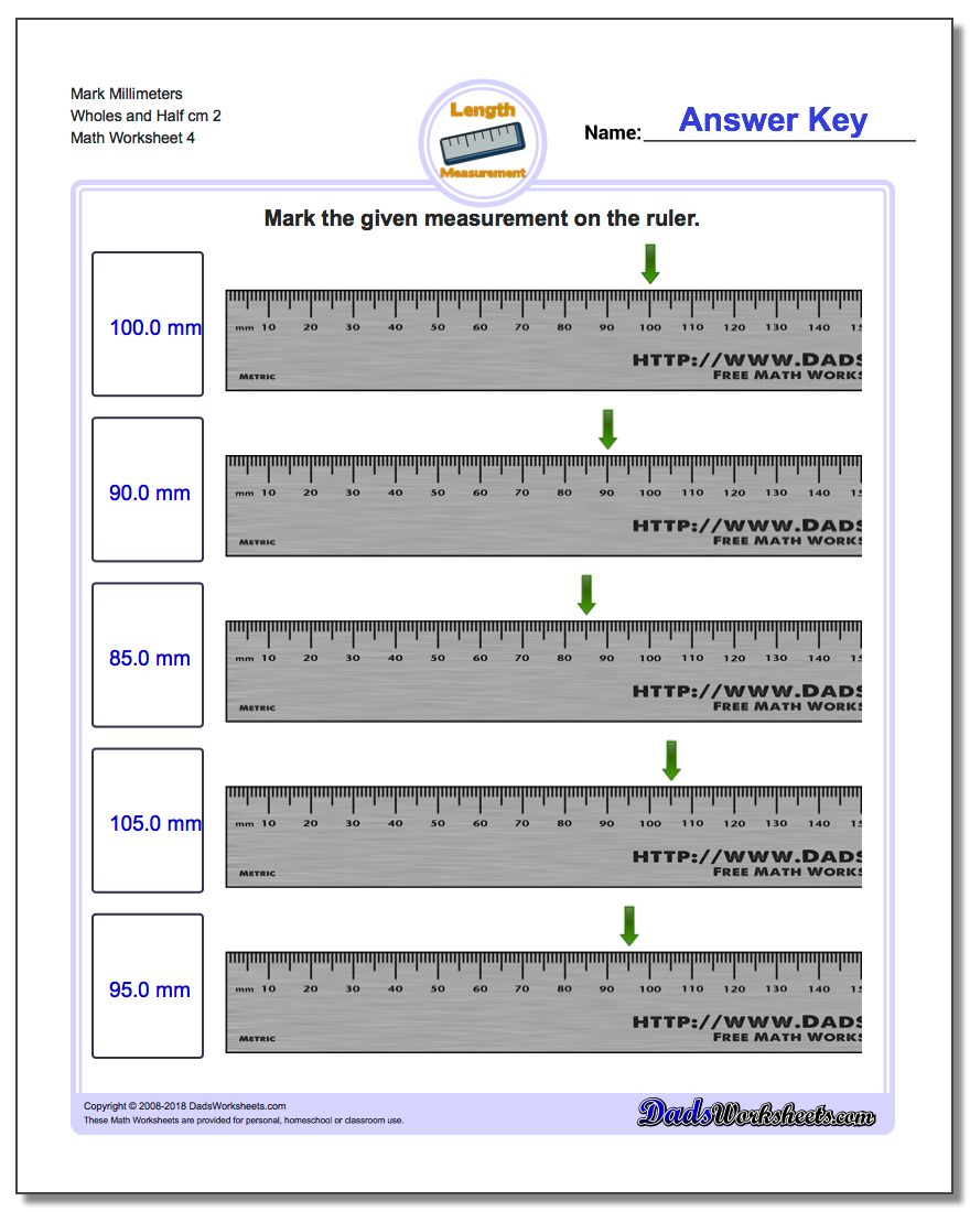 Mark Millimeters Wholes and Half cm 2 Worksheet