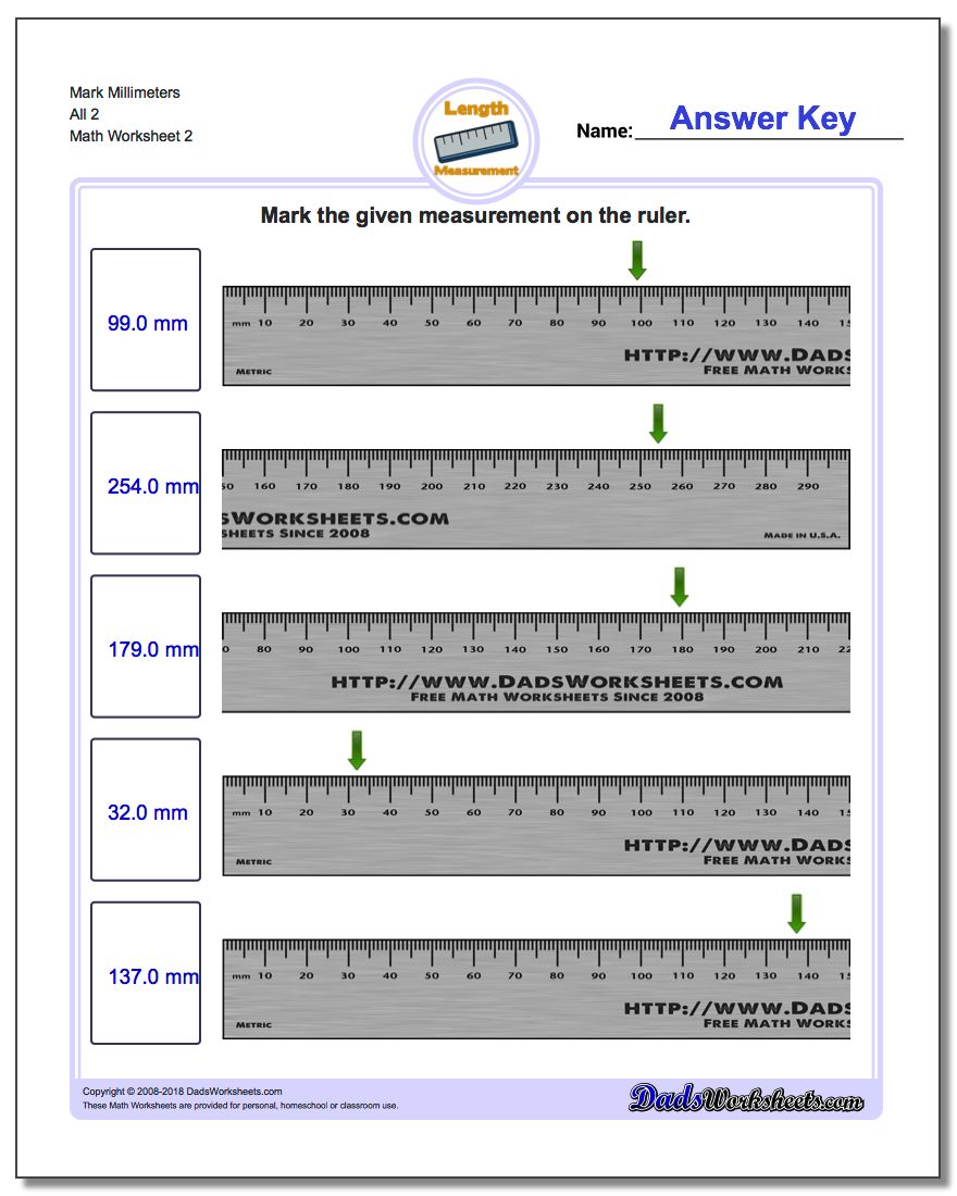 Mark Millimeters All 2 www.dadsworksheets.com/worksheets/metric-measurement.html Worksheet