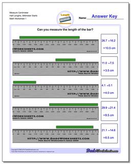 Measure Centimeter Half Lengths, Millimeter Starts Metric Measurement Worksheet
