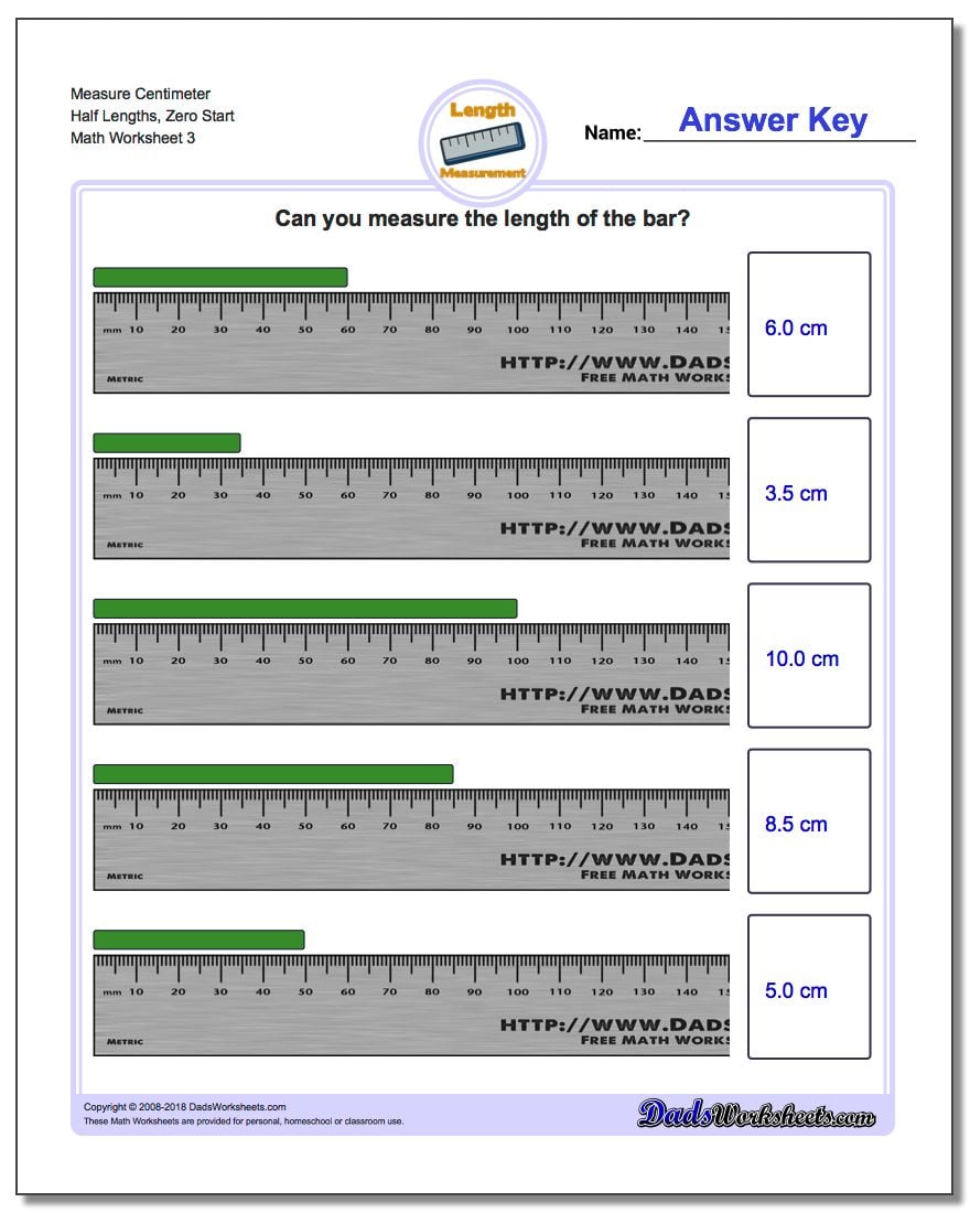 Measure Centimeter Half Lengths, Zero Start Worksheet