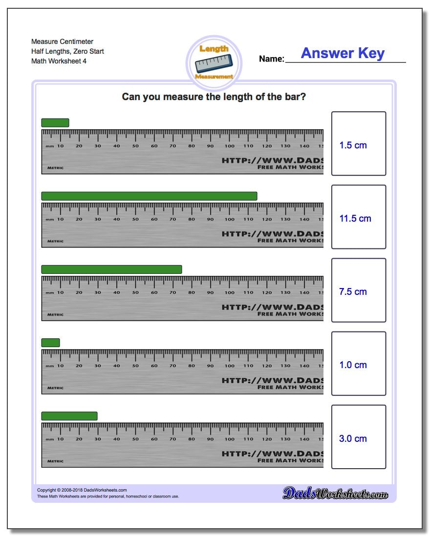 Measure Centimeter Half Lengths, Zero Start Worksheet