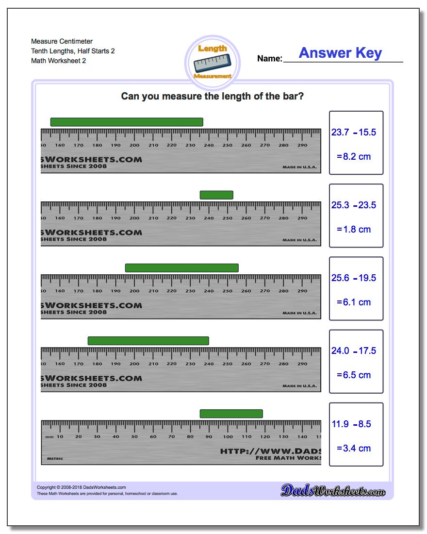Measure Centimeter Tenth Lengths, Half Starts 2 www.dadsworksheets.com/worksheets/metric-measurement.html Worksheet