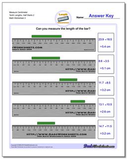 Measure Centimeter Tenth Lengths, Half Starts 2 Worksheet