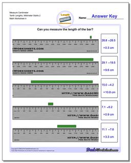 Measure Centimeter Tenth Lengths, Millimeter Starts 2 Worksheet