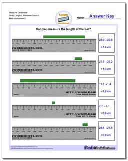 Measure Centimeter Tenth Lengths, Millimeter Starts 3 Worksheet