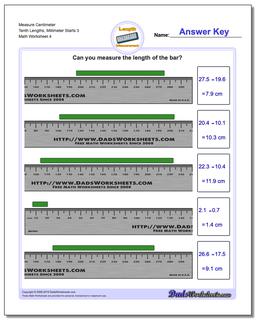 Measure Centimeter Tenth Lengths, Millimeter Starts 3 Worksheet