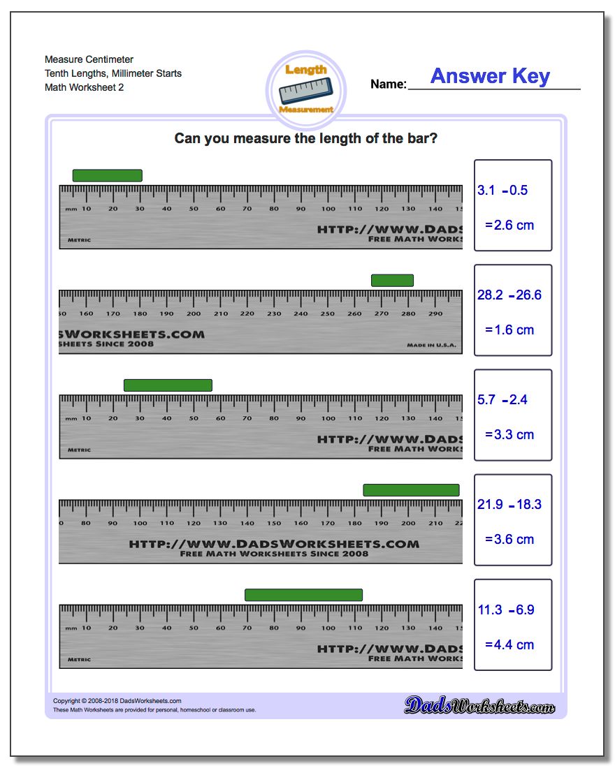 Measure Centimeter Tenth Lengths, Millimeter Starts www.dadsworksheets.com/worksheets/metric-measurement.html Worksheet