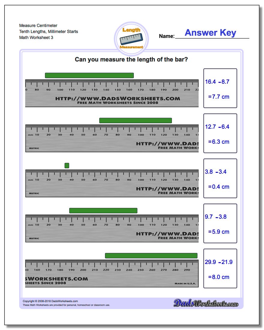 Measure Centimeter Tenth Lengths, Millimeter Starts Worksheet