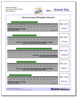 Measure Centimeter Tenth Lengths, Millimeter Starts Worksheet
