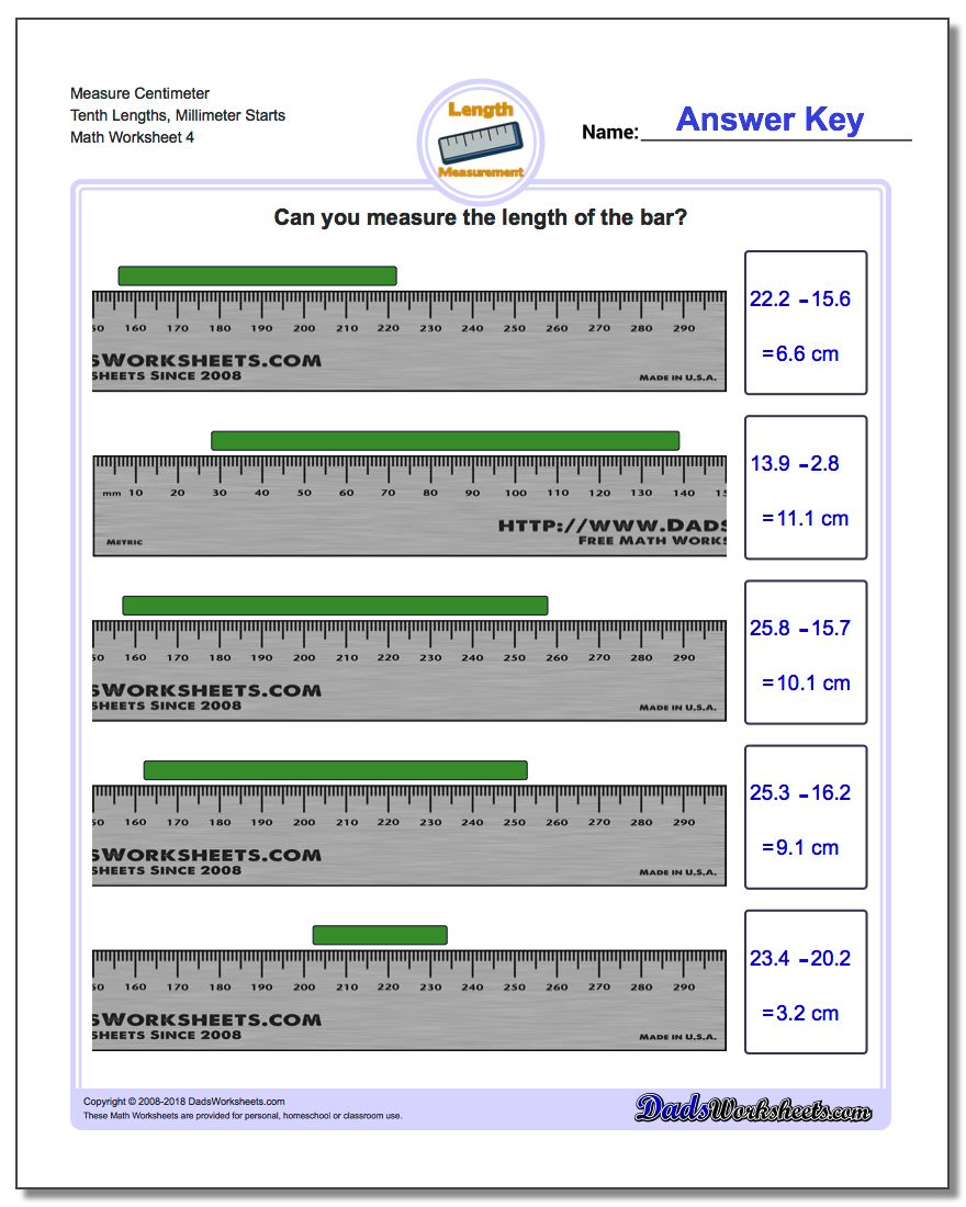 Measure Centimeter Tenth Lengths, Millimeter Starts Worksheet