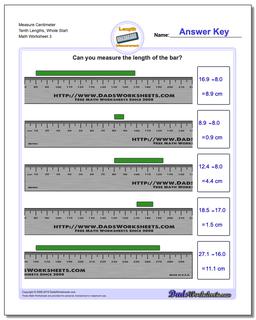 Measure Centimeter Tenth Lengths, Whole Start Worksheet