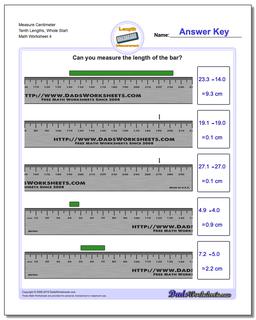 Measure Centimeter Tenth Lengths, Whole Start Worksheet