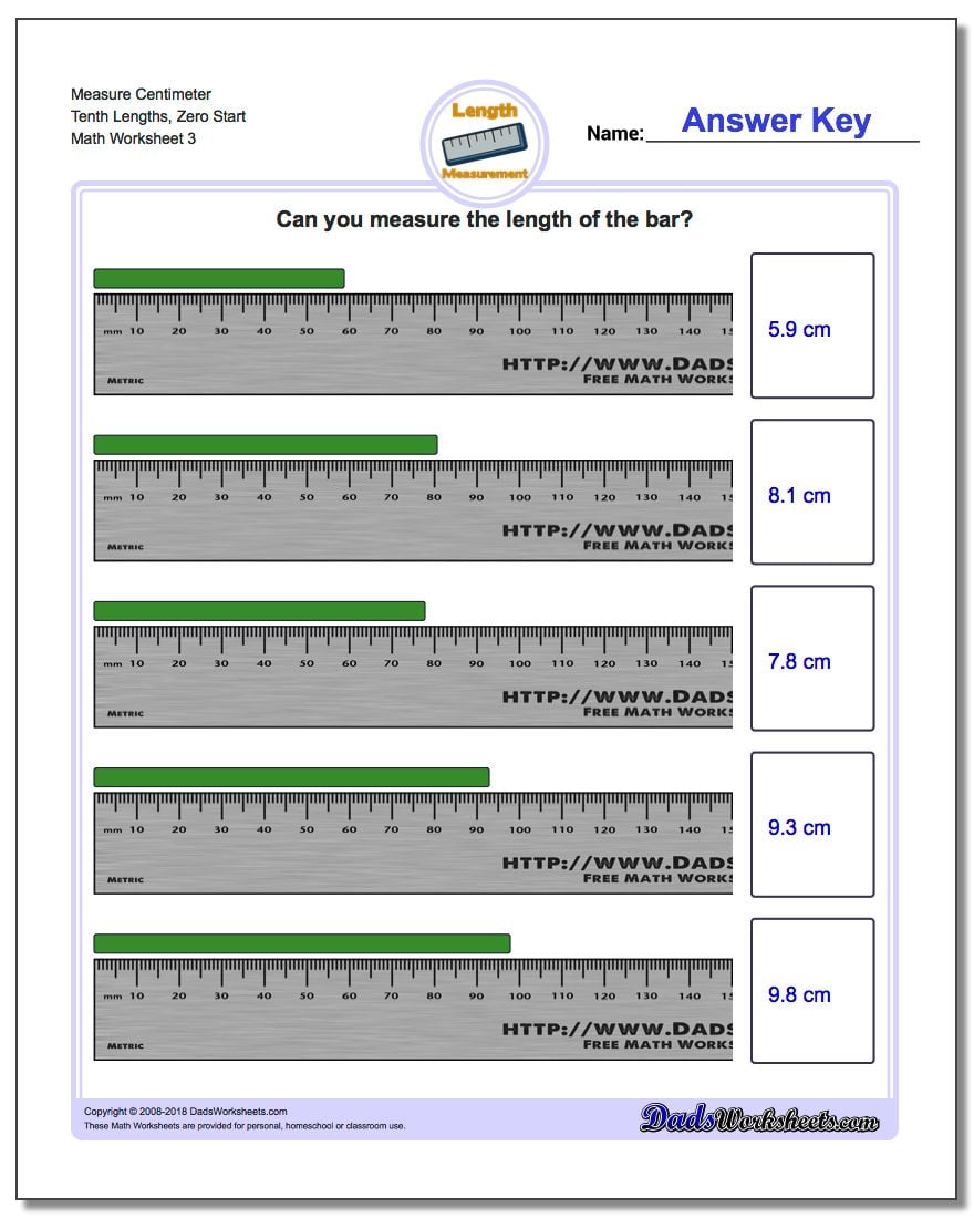 Measure Centimeter Tenth Lengths, Zero Start Worksheet