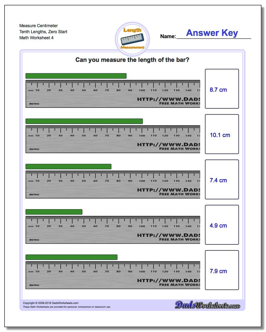 Measure Centimeter Tenth Lengths, Zero Start Worksheet