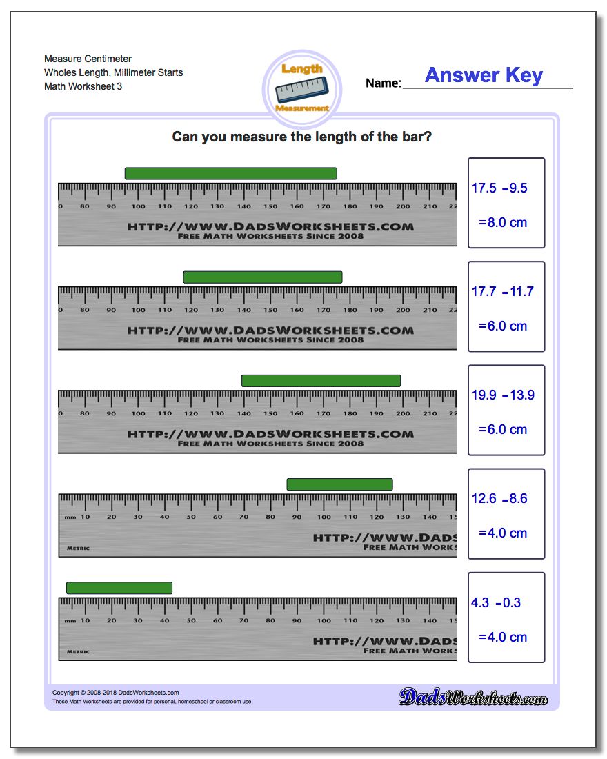 Measure Centimeter Wholes Length, Millimeter Starts Worksheet