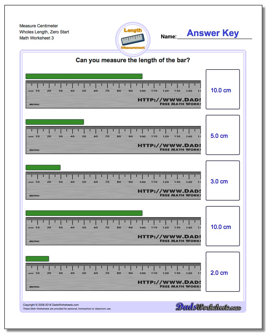 Measure Centimeter Wholes Length, Zero Start Worksheet