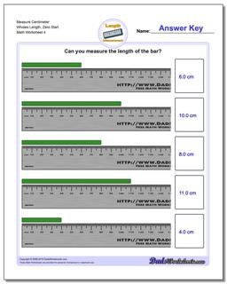 Measure Centimeter Wholes Length, Zero Start Worksheet