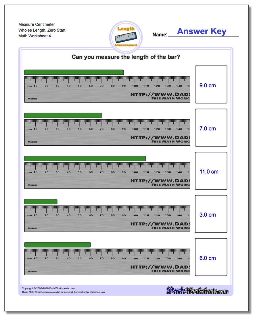 Measure Centimeter Wholes Length, Zero Start Worksheet