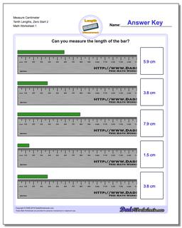 Measure Centimeter Tenth Lengths, Zero Start 2 Metric Measurement Worksheet