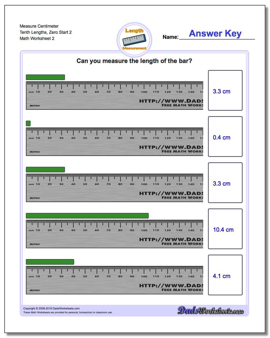 Measure Centimeter Tenth Lengths, Zero Start 2 www.dadsworksheets.com/worksheets/metric-measurement.html Worksheet