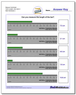 Measure Centimeter Tenth Lengths, Zero Start 2 Worksheet
