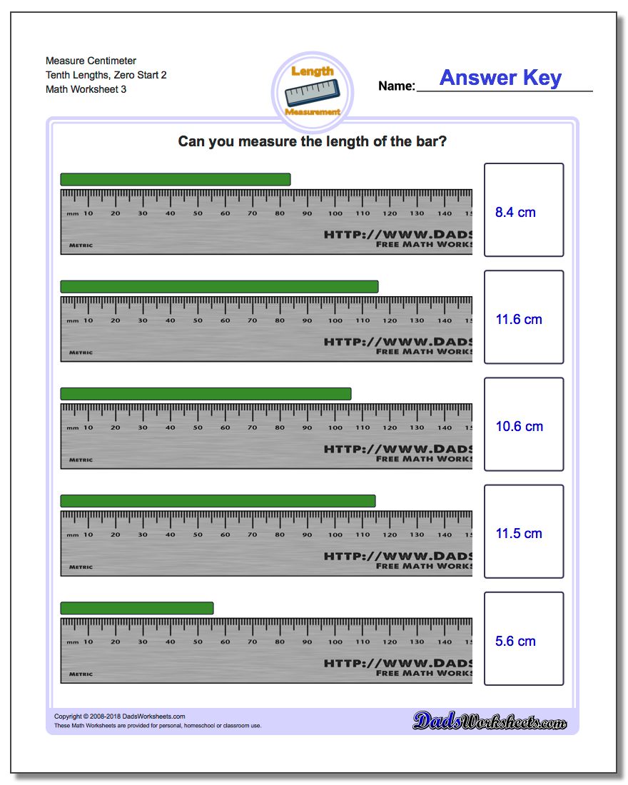 Measure Centimeter Tenth Lengths, Zero Start 2 Worksheet
