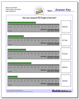 Measure Centimeter Tenth Lengths, Zero Start 2 Worksheet