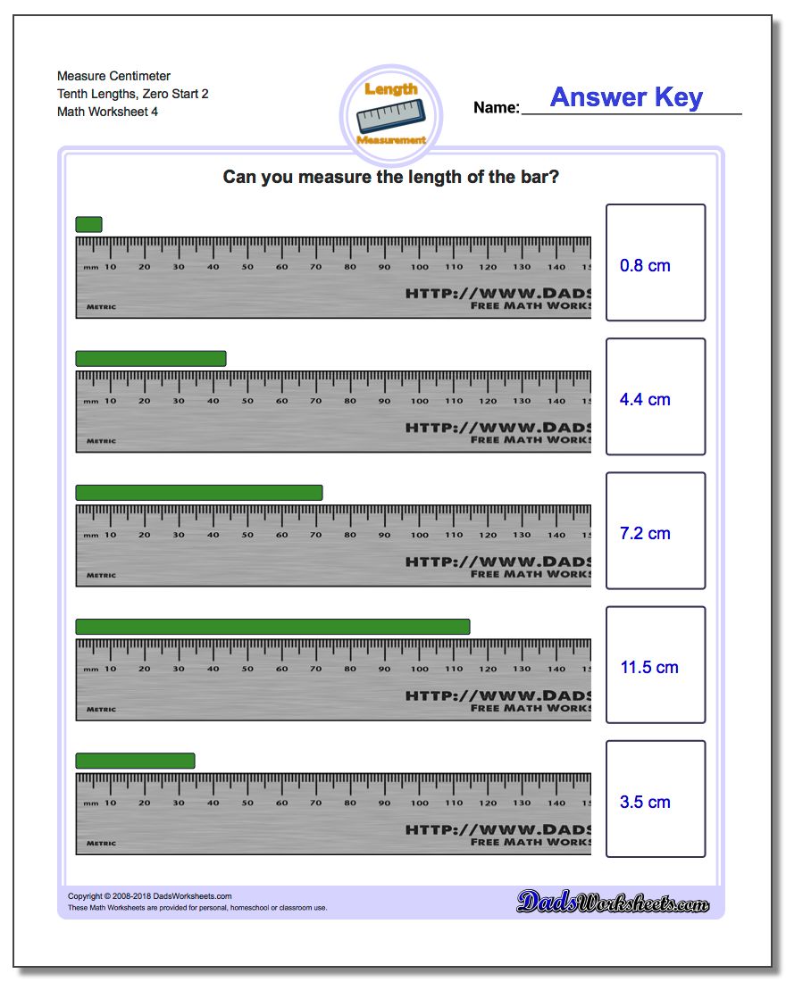 Measure Centimeter Tenth Lengths, Zero Start 2 Worksheet