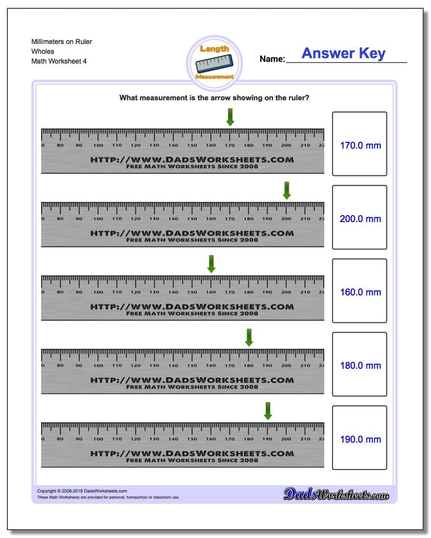 Millimeters on Ruler Wholes Worksheet