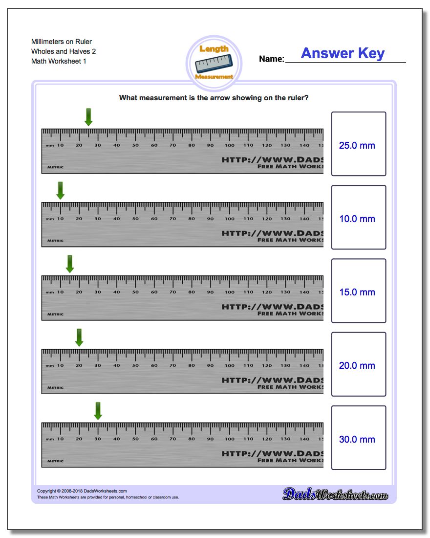 Millimeters on Ruler Wholes and Halves 2 Metric Measurement Worksheet