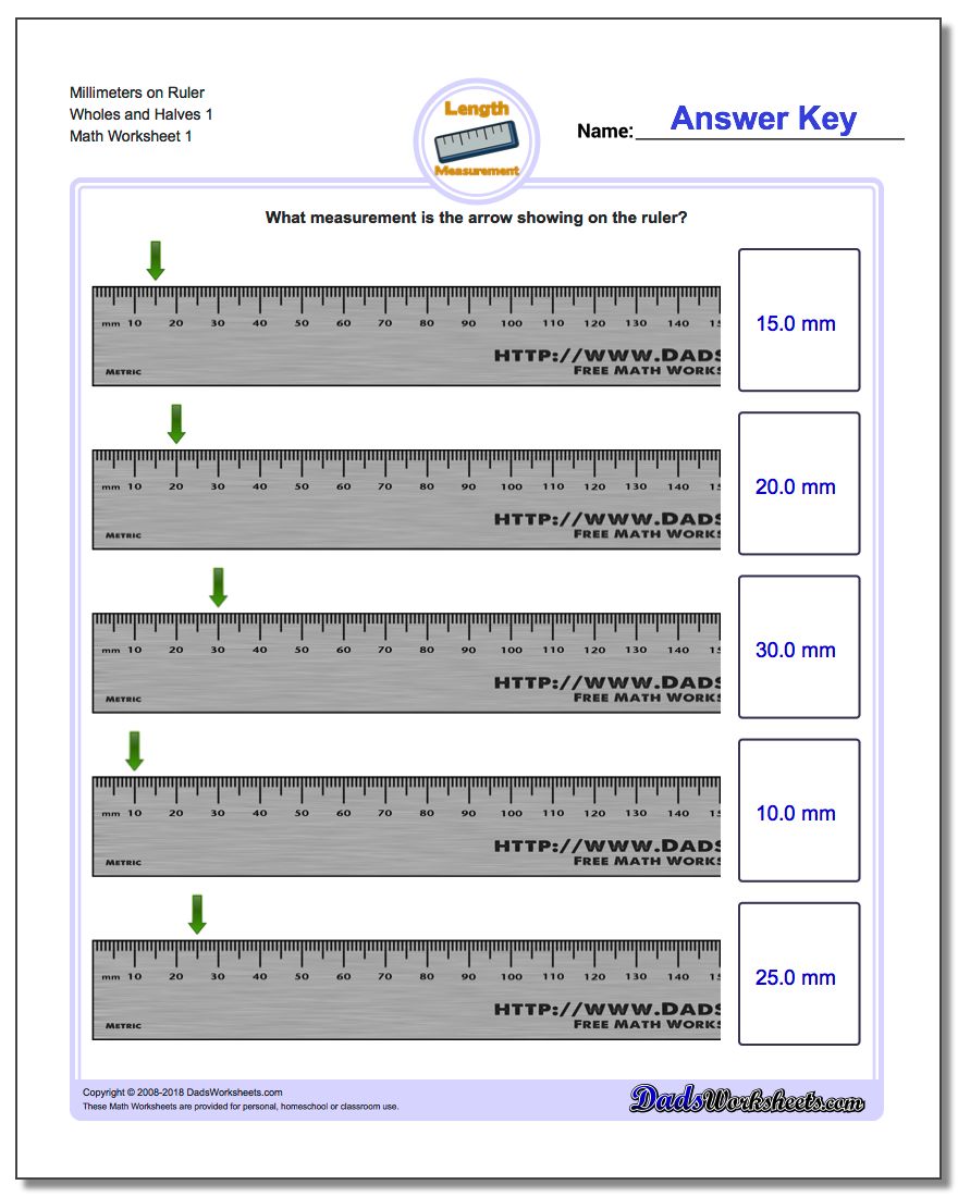 Millimeters on Ruler Wholes and Halves 1 Metric Measurement Worksheet