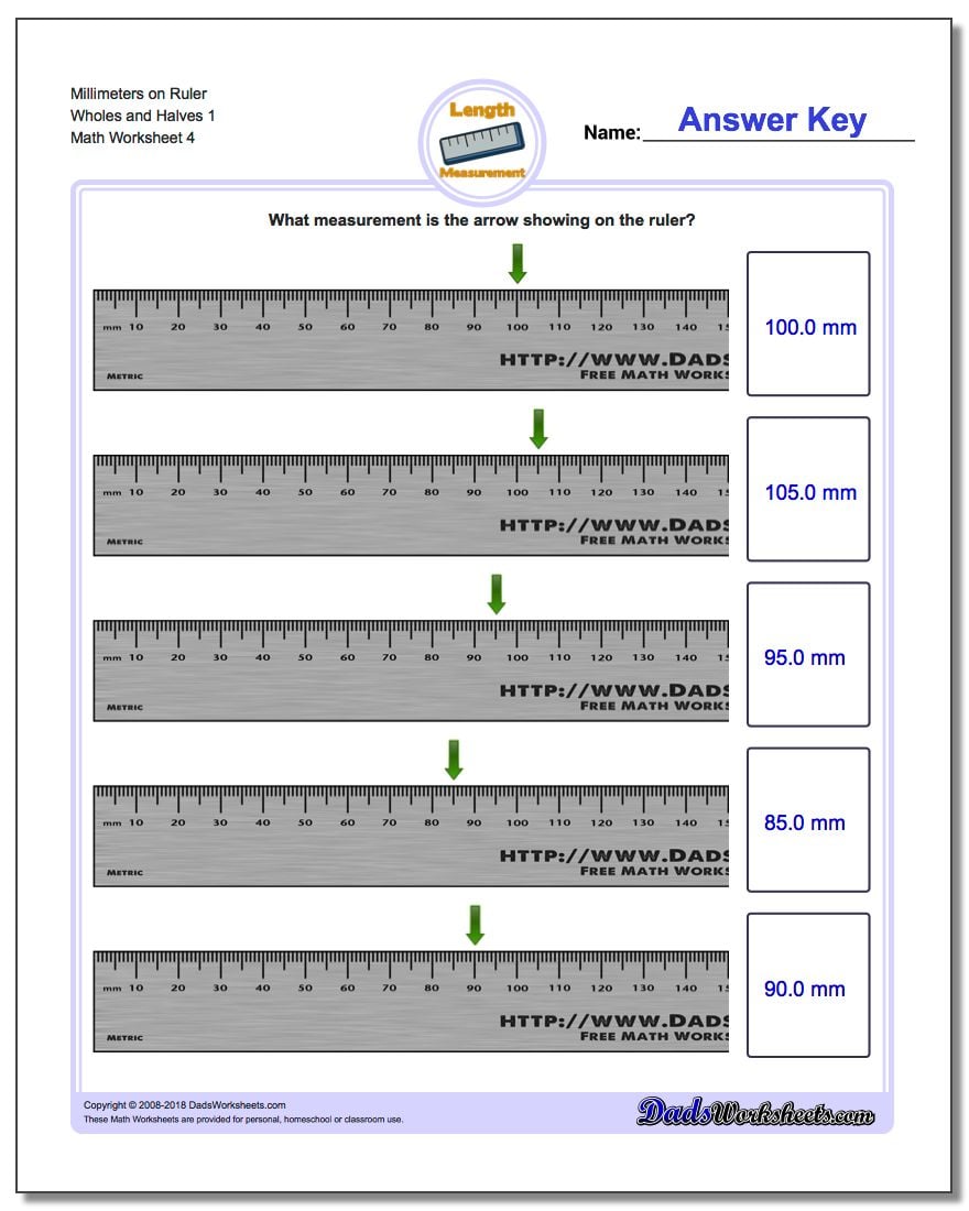 Millimeters on Ruler Wholes and Halves 1 Worksheet