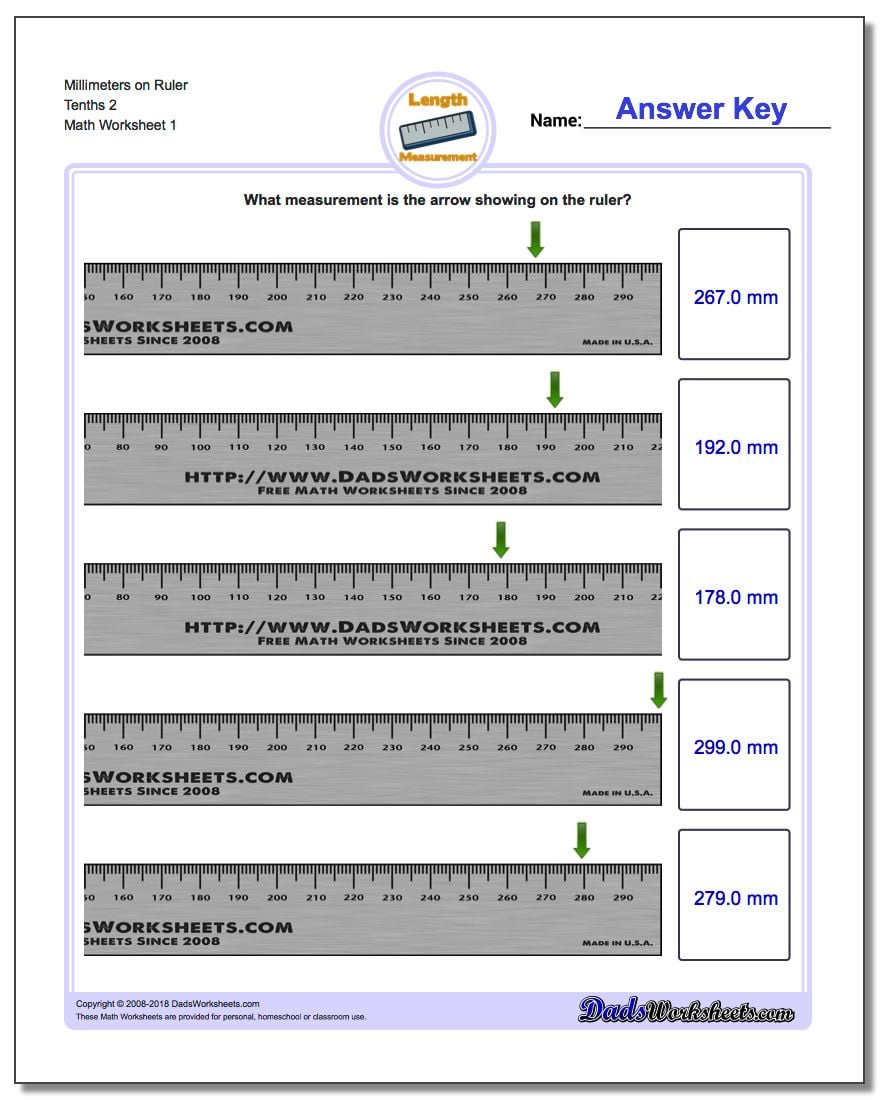 Millimeters on Ruler Tenths 2 Metric Measurement Worksheet