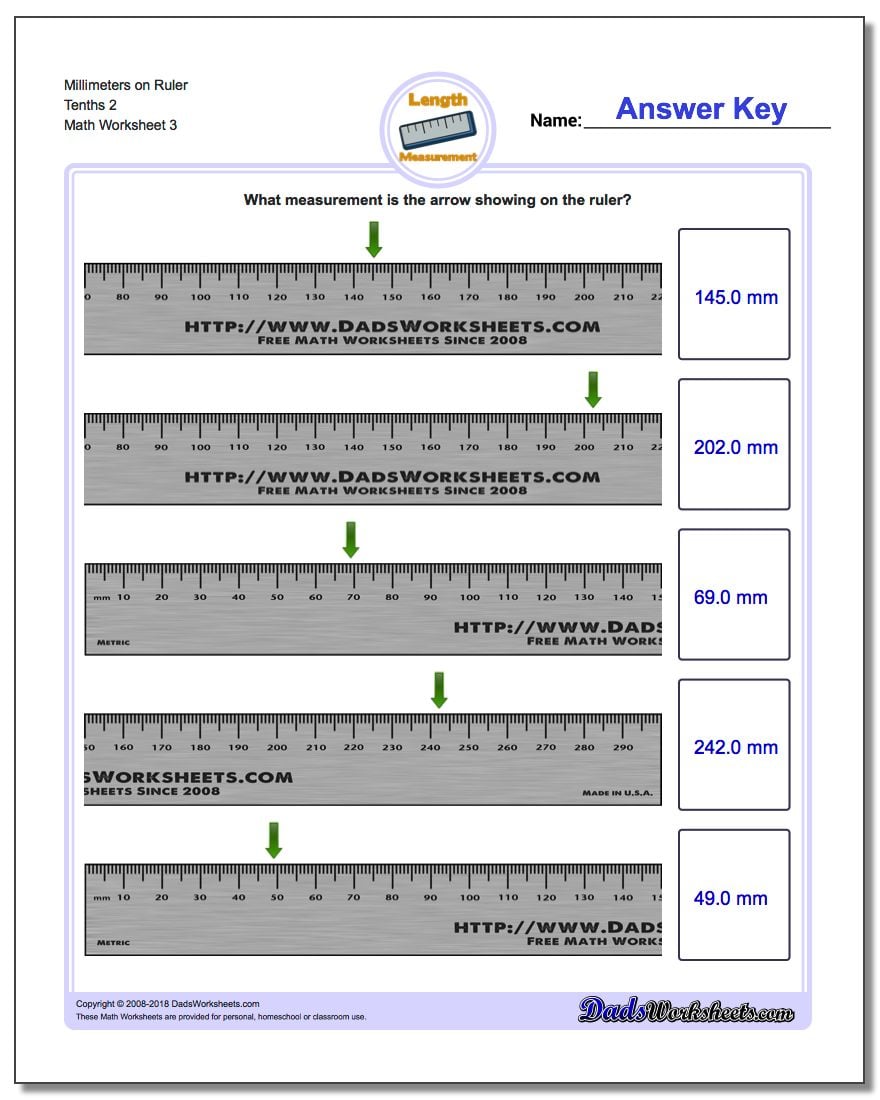 Millimeters on Ruler Tenths 2 Worksheet