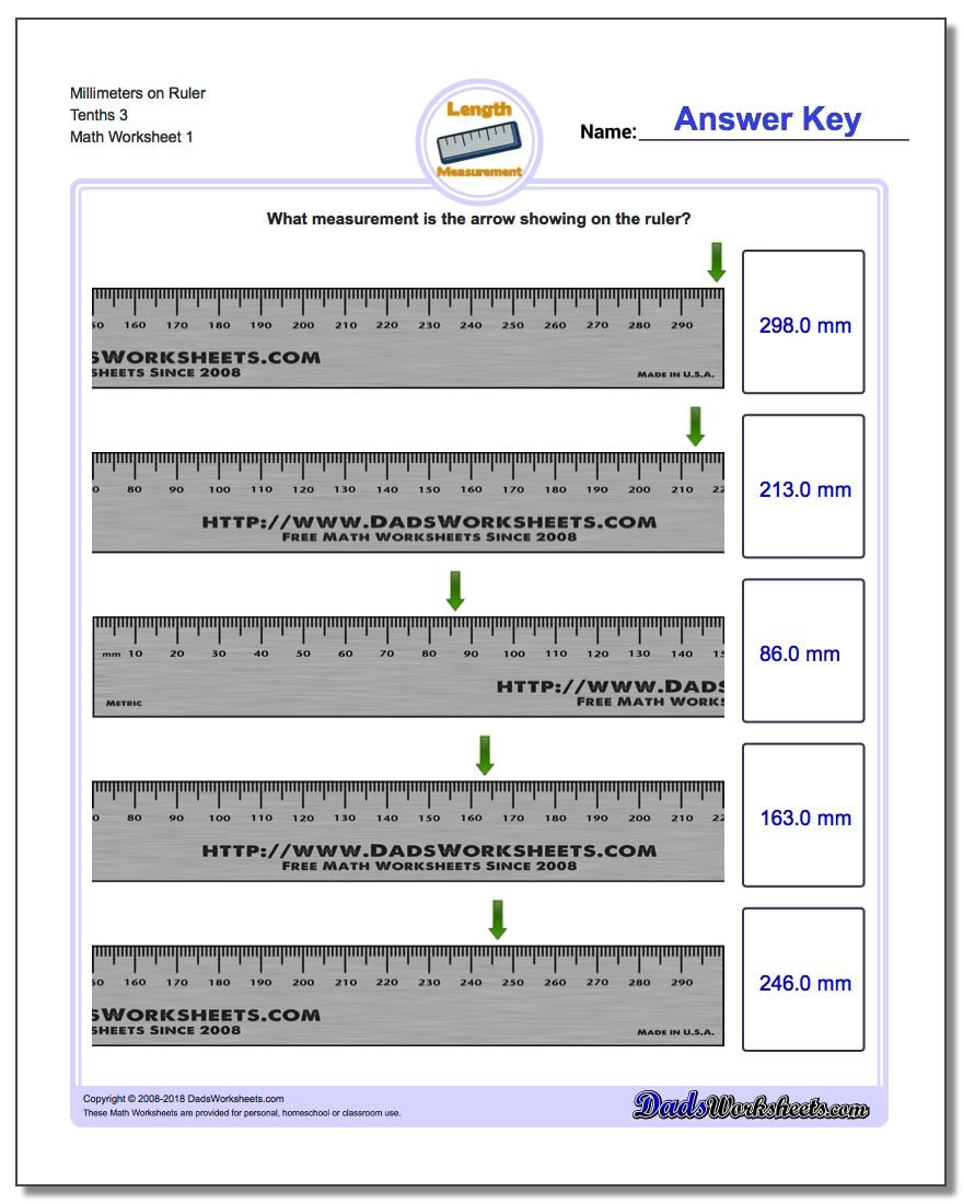 Millimeters on Ruler Tenths 3 Metric Measurement Worksheet