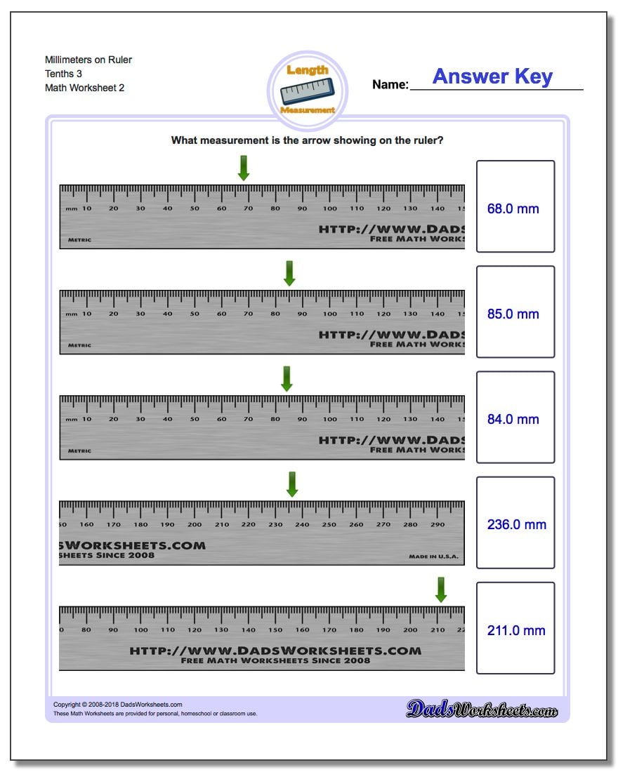 Millimeters on Ruler Tenths 3 www.dadsworksheets.com/worksheets/metric-measurement.html Worksheet