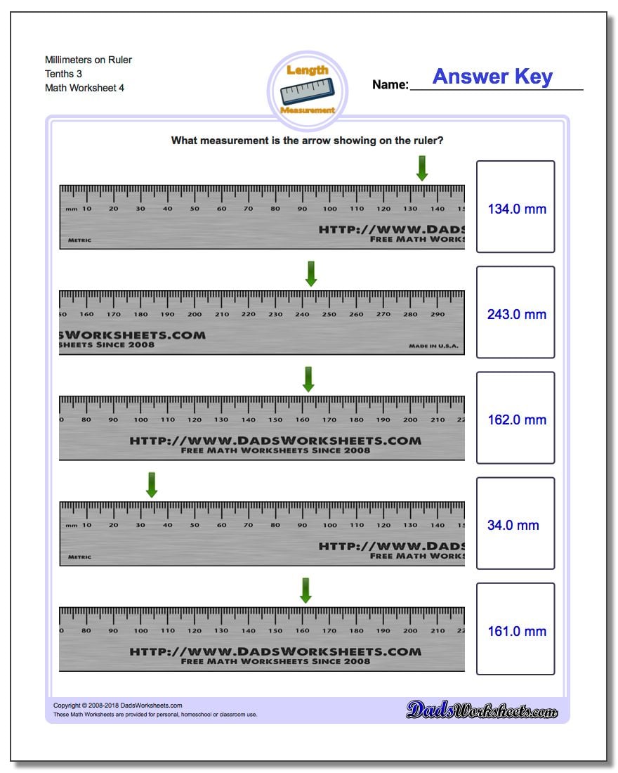 Millimeters on Ruler Tenths 3 Worksheet