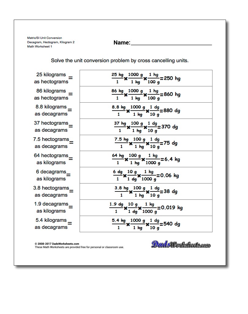 Metric SI Unit Conversion Worksheets Metric/SI Conversion Decagram, Hectogram, Kilogram 2