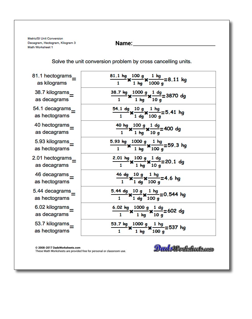 Metric SI Unit Conversion Worksheets Metric/SI Conversion Decagram, Hectogram, Kilogram 3