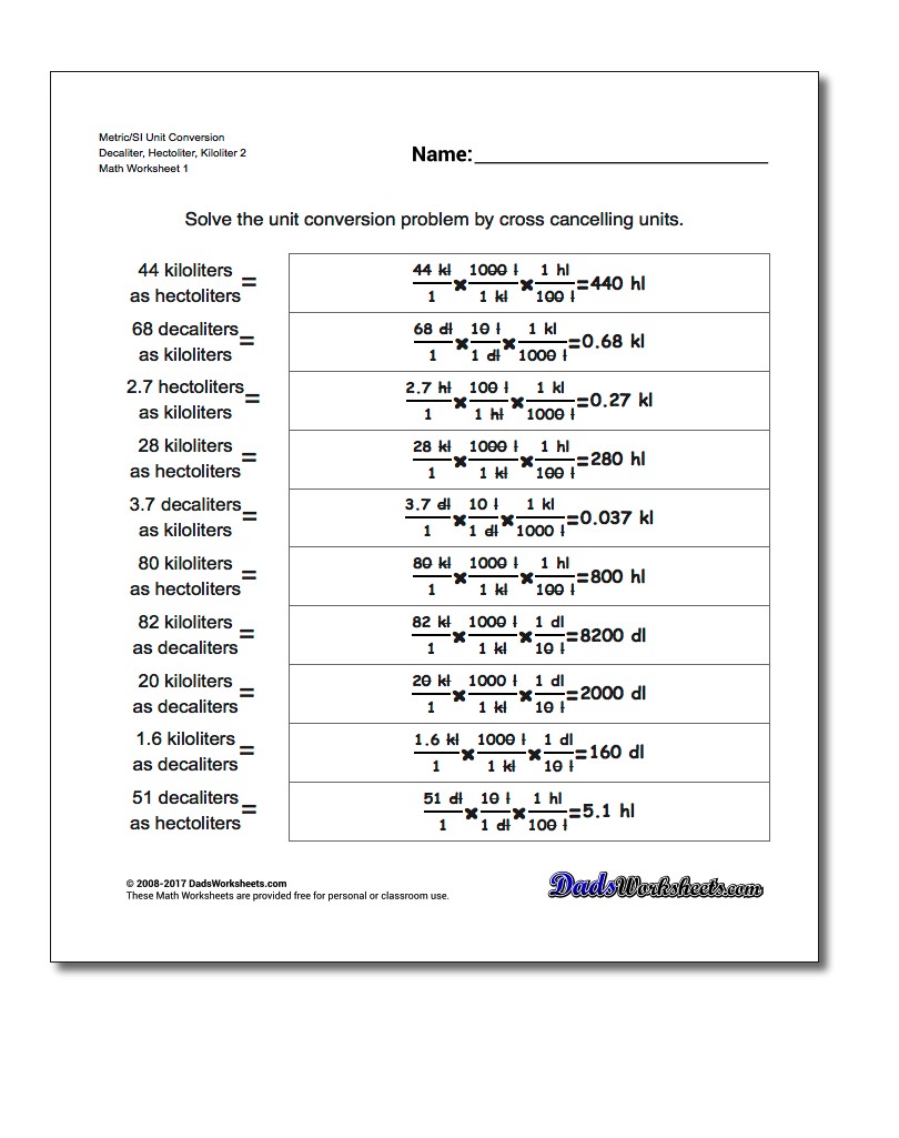 Metric SI Unit Conversion Worksheets Metric/SI Conversion Decaliter, Hectoliter, Kiloliter 2