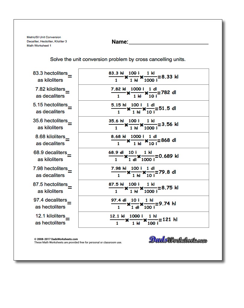 Metric SI Unit Conversion Worksheets Metric/SI Conversion Decaliter, Hectoliter, Kiloliter 3