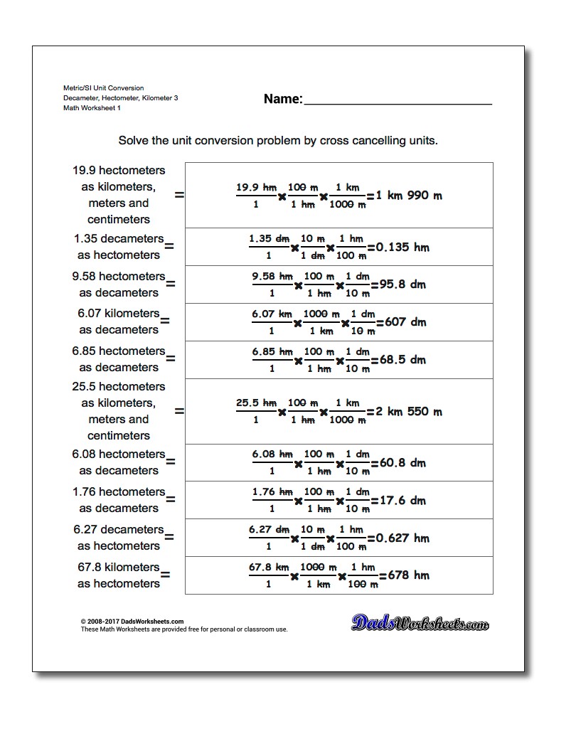 Metric SI Unit Conversion Worksheets Metric/SI Conversion Decameter, Hectometer, Kilometer 3