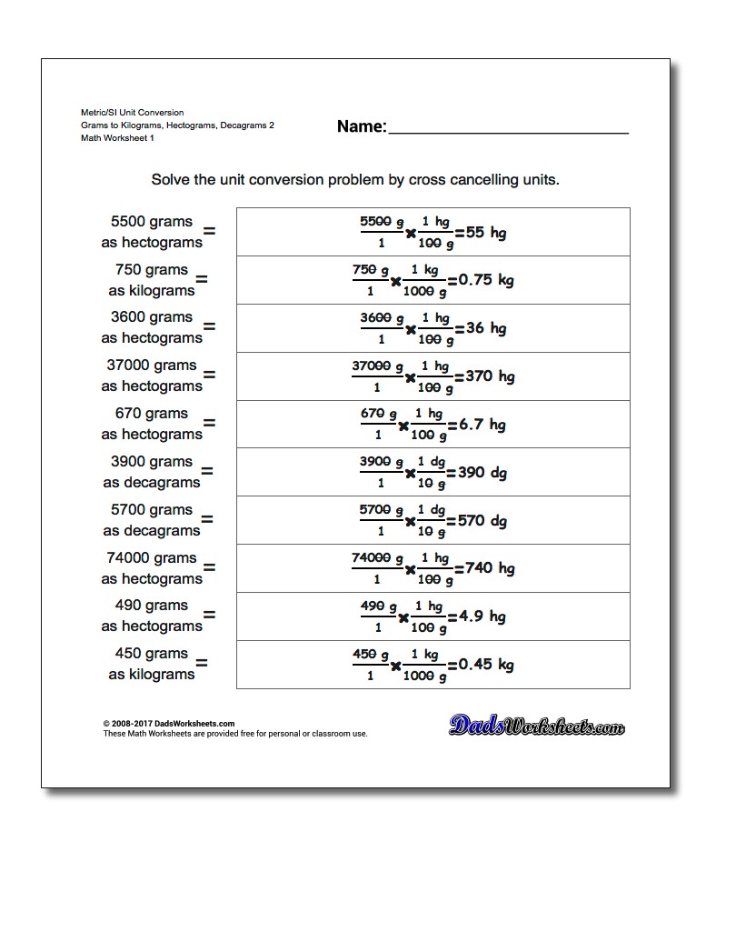 Metric SI Unit Conversion Worksheets Metric/SI Conversion Grams to Kilograms, Hectograms, Decagrams 2