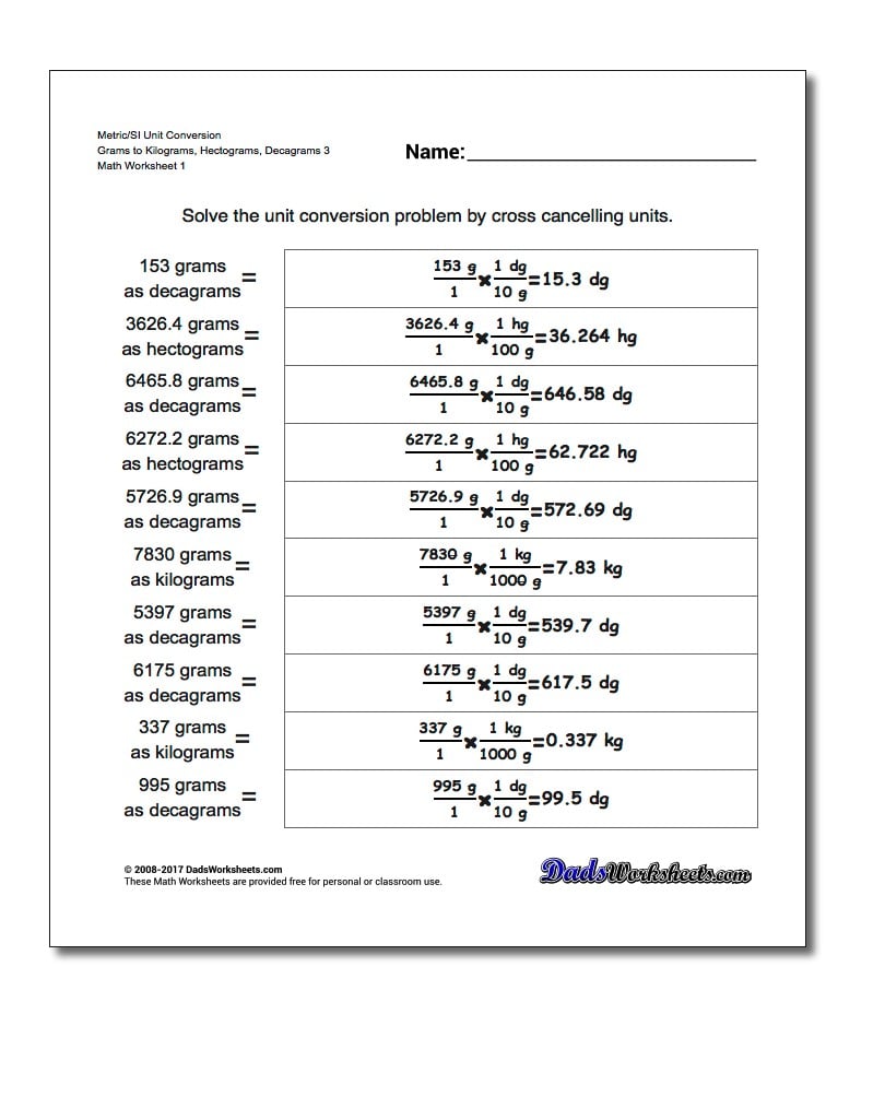 Metric SI Unit Conversion Worksheets Metric/SI Conversion Grams to Kilograms, Hectograms, Decagrams 3