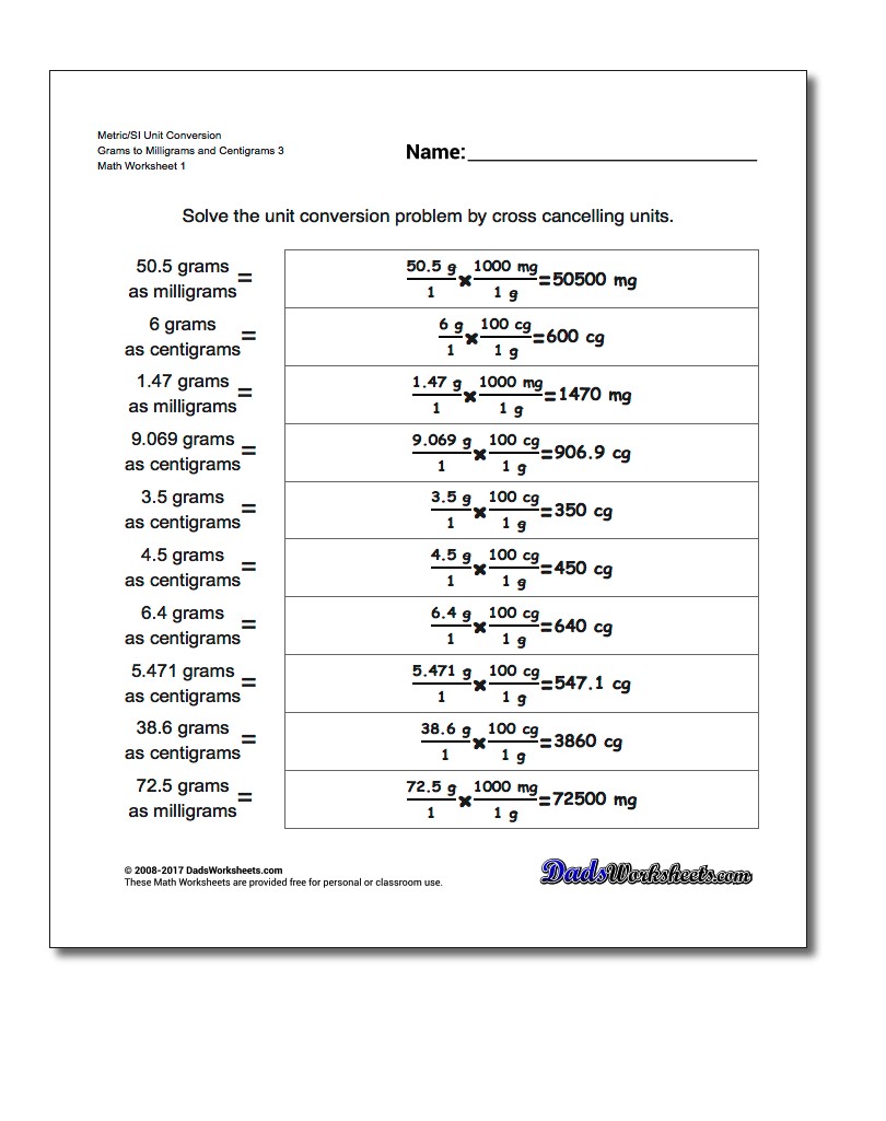 Metric SI Unit Conversion Worksheets Metric/SI Conversion Grams to Milligrams and Centigrams 3