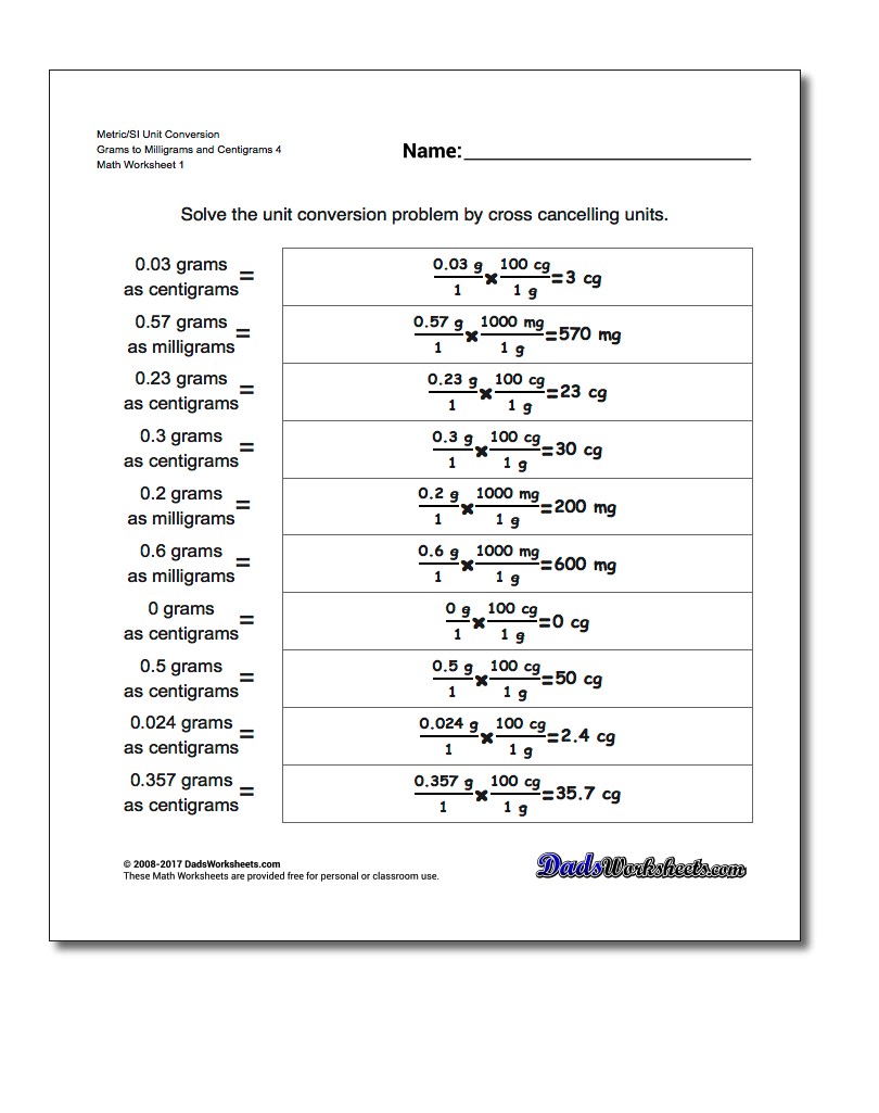 Metric SI Unit Conversion Worksheets Metric/SI Conversion Grams to Milligrams and Centigrams 4