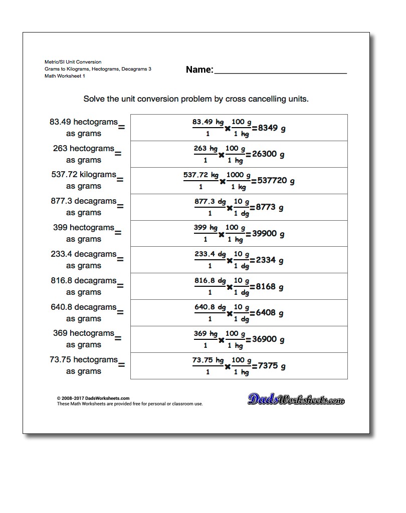 Metric SI Unit Conversion Worksheets Metric/SI Conversion Grams to Kilograms, Hectograms, Decagrams 3
