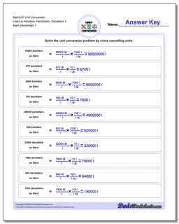 Metric SI Unit Conversion Worksheets Metric/SI Conversion Liters to Kiloliters, Hectoliters, Decaliters 2