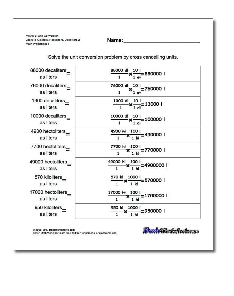 Metric SI Unit Conversion Worksheets Metric/SI Conversion Liters to Kiloliters, Hectoliters, Decaliters 2